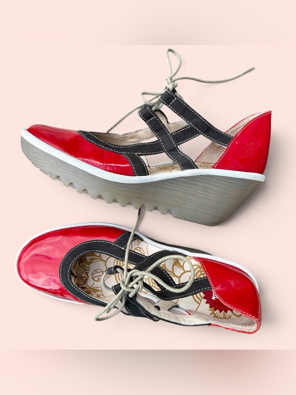 Fly London Yett Red Patent Leather Lace Up Platform Wedge Shoes EU 40 US 9 Artsy